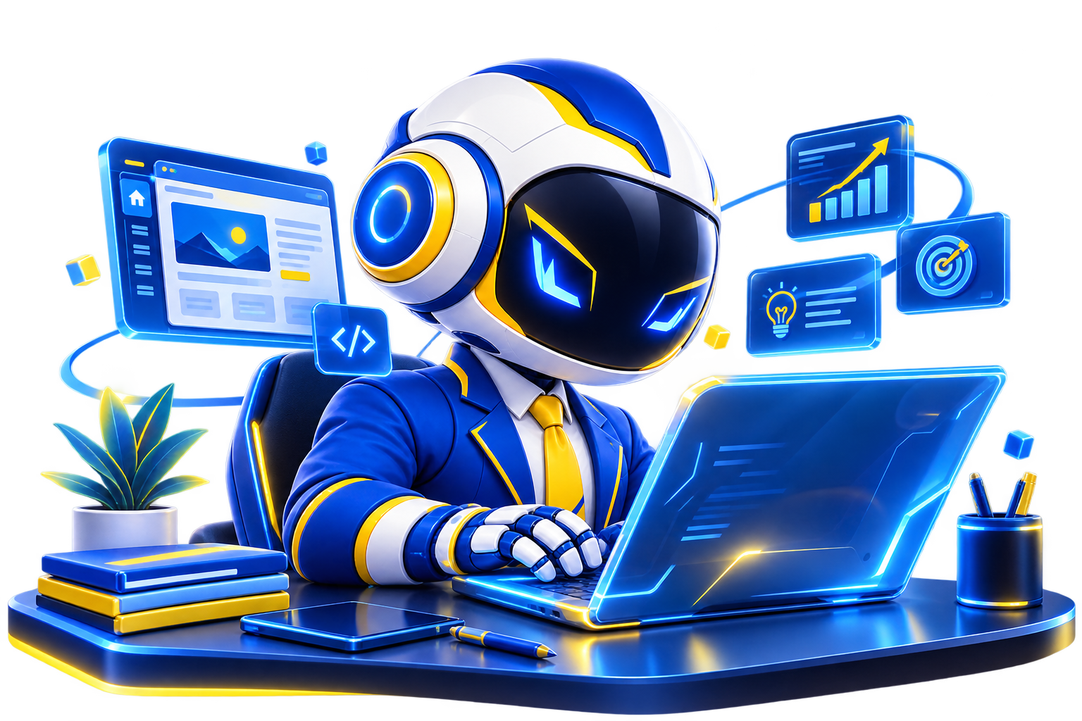 Horizon Hub robot mascot working on digital projects at a holographic laptop